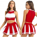 Moterų linksmybių lyderių kostiumų uniforma, palinksminusi suaugusiųjų Cosplay apranga Crop Top su klostuotu mini sijonu S raudona