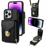 Crossbody Lanyard Multi Card Užtrauktukas Odinė piniginė telefono dėklas, skirtas iPhone 15 14Plus 13 12 11Pro Max/Samsung S23 S22 S21 Ultra S20Plus S23 S21FE A14 A54 iPhone 6/6S juoda