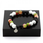 Pierres et Min&eacute;raux. Bracelet Perles Tourmaline melon d'eau + Howlite + Onyx noir mat 8 mm. Fabriqu&eacute; en France.