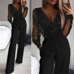 Moteri&scaron;kas kombinezonas su ilgomis rankovėmis vakarėliui su V kakleliu Slim Bodycons Bifurcated Jumpsuit XL juoda