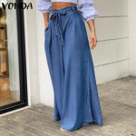 2023 Women's High-Waist Wide-Leg Denim Pants with Elegant Lace-Up 3X Large &scaron;viesiai mėlyna spalva