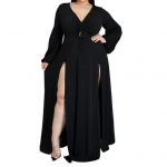 Vienos spalvos su skeltu kra&scaron;tu maxi suknelė moterims V formos i&scaron;kirpte, raukiniais, ilga iki grindų, oversized suknelė, gatvės stiliaus 3XL juoda