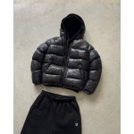 Unisex Streetwear medvilninė pūkinė striukė su siuvinėtu per dideliu gobtuvu, laisvalaikio paltai vyrams, moterims XL black