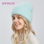SOMALER žieminės kepurės moterims &Scaron;iltos triu&scaron;io angoros kailio vilnos megztos kepuraitės storos mados vienspalvės kaukolės kepuraitės slidinėjimo kepuraitės gaubtu &scaron;viesiai žalios spalvos
