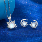 ANENJERY Moonlight Stone Moon Cat auskarai karoliai papuo&scaron;alų rinkinys moterims Sweet Little Animal Cavicle grandinėlės vakarėlio papuo&scaron;alai Resizable sidabras