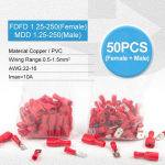50 vnt., 25 rinkinys, moteri&scaron;ka PVC jungtis, elektros laido jungtis, 6,3 mm izoliuotas užspaudimo gnybtas, kastuvas mėlyna geltona raudona FDFD MDD2 50PCS(25 Set) raudona