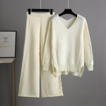 Rudens žiemos moterų 2 dalių džemperių rinkinys, kelnės, didelės, moteri&scaron;kos mezgimo vir&scaron;utinės &bdquo;Twist&ldquo; spalvos megztiniai Ka&scaron;myro sportiniai megzti sportiniai kostiumai One Size smėlis