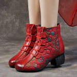 Johnature pliu&scaron;iniai &scaron;ilti trumpi batai su retro ra&scaron;tu Natūralios odos storais kulnais ir mink&scaron;tais padais moteri&scaron;ki batai 39 raudona