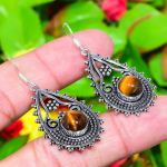 Natural Tiger Eye Gemstone Handmade 925 Sterling Silver Earring 2.05 v3f22