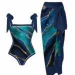 2 vnt / rinkinys Moteri&scaron;ki spausdinti monokini su sijonu, bandeau vientisas kar&scaron;to pavasario maudymosi kostiumėlis su paplūdimio dangteliu S juoda