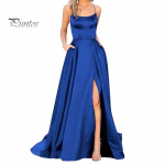 Vakarinės suknelės spagečių dirželis su auk&scaron;tu skeltuku pečių be rankovių &scaron;oninėse ki&scaron;enėse A linijos ilgis, grynos spalvos satinas, grynos spalvos i&scaron;leistuvių banketų vakarėlis Maxi