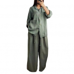 2 vnt./kompl. Moteri&scaron;kų mar&scaron;kinių ir kelnių komplektas ilgomis rankovėmis, atlapiniu apykakliu, ki&scaron;enėmis, užsegamas viena saga, su rai&scaron;teliu apačioje, palaidinė, auk&scaron;to liemens, laisvo stiliaus, plačių kojų kelnių komplektas XXXL armijos žalia spalva