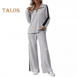 2 vnt./kompl. Moteri&scaron;kas vir&scaron;us ir kelnės, pusiau užsegamas užtrauktuku, stovinčia apykakle, ilgomis rankovėmis, vienspalvis džemperis, elastinis liemuo, plačių kojų sportinės kelnės, sportinis kostiumas, ruduo 3XL pilka