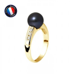 PERLINEA - Bague V&eacute;ritable Perle de Culture d'Eau Douce Ronde 8-9 mm - Colori Black Tahiti - Diamant - Or Jaune - Bijou Femme