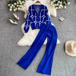 Rudens Žiemos Dizainerio Ra&scaron;to Megztas Megztinis Kelnės Dvikomponentis Rinkinys Moterims V formos i&scaron;kirptės &Scaron;varkas Paltas ir Kulną siekiančios Kelnės Sportinis Kostiumas One Size karali&scaron;kos mėlynos spalvos