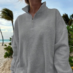 Vienspalvis laisvas džemperis su nuleistais pečiais moterims rudeniui ir žiemai, gatvės stiliaus, su stačia apykakle, užsegamas užtrauktuku, ilgomis rankovėmis, didelio dydžio puloveris S abrikosas