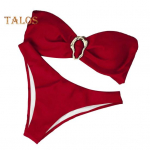 Moteri&scaron;kas bikini komplektas su metaliniu žiedu, auk&scaron;tu liemeniu, dviejų dalių maudymosi kostiumėlis, seksuali halterio tipo vir&scaron;utinė dalis su rai&scaron;teliais, i&scaron;kirptas maudymosi kostiumėlis paplūdimio atostogoms, vakarėliui S juoda