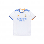 Adidas Madrido &bdquo;Real&ldquo; 21&ndash;22 m. namų gerbėjų mar&scaron;kinėliai su logotipo juostelėmis Vyri&scaron;ki vir&scaron;utiniai drabužiai, balti GQ1359 M