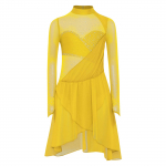 Mergaičių dailiojo čiuožimo &scaron;okių suknelė ilgomis rankovėmis, auk&scaron;tu kaklu, su rakto skylutės nugara, blizgančiais cirkoniais, su įsiūtais triusikais 5-6 Years geltona