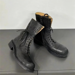 Madingi prabangūs tikros odos dizaino baikerių batai moterims 2025 m. Stori platforminiai ankle boots moterims Su rai&scaron;teliais, iki pusės blauzdos, retro riterių batai 35 juoda