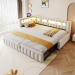 Apmu&scaron;alas Lova I&scaron;traukiama Sofa 90*200 cm, Su LED Ap&scaron;vietimu, Galvūgalis ir Atlo&scaron;as, Dryžuotas, USB Įkrovimo Lizdas, Velūrinis Smėlio spalvos, Senas SKU LDU00422AAA 211.5 x 102 x 79 cm smėlis