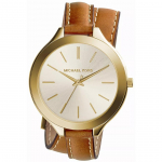 MICHAEL KORS Slim Runway Moteri&scaron;kas kvarcinis laikrodis &scaron;ampano spalvos ciferblatas odinis dirželis 42mm MK2256 &scaron;ampanas
