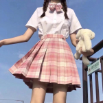3 vnt. Moteri&scaron;kas Anime uniformos rinkinys Rožiniai klostuoti sijonai Vasariniai JK mar&scaron;kinėliai ilgomis rankovėmis striukė su mini languoto sijono kostiumu 2XL rožinė