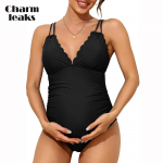 CHARMLEAKS Scallop Trim Nė&scaron;čiųjų maudymosi kostiumėlis i&scaron; V kaklo nė&scaron;tumo maudymosi kostiumėlis Ruched maudymosi kostiumėlis, i&scaron;kirptas kaklarai&scaron;tis XL juoda