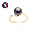 PERLINEA - Bague V&eacute;ritable Perle de Culture de Tahiti Ronde 8-9 mm - V&eacute;ritable Diamants - Or Jaune - Bijou Femme