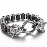 Gotikinė dvigubos vilko galvos dizaino nerūdijančio plieno vyri&scaron;ka dviračio grandinėlės apyrankė, vintažinės juodos spalvos 22CM juoda