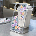 iPhone 16 Pro 15 Plus 14 Pro Max 13 12 11 XR XS 8 7 dėklas su gėlių ra&scaron;tu, skaidrus, smūgiams atsparus, mink&scaron;tas silikoninis objektyvo apsauginis permatomas telefono dangtelis iPhone 16