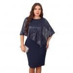 Moteri&scaron;ka berankovė pelerino suknelė su blizgučių aplikacija, didelio dydžio blizgučių prigludusi pie&scaron;tukinė suknelė, moteri&scaron;ka vakarinė midi suknelė L tamsiai mėlyna spalva