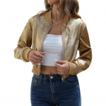 Moteri&scaron;ka metalizuota varsity beisbolo striukė su užtrauktuku, ilgomis rankovėmis, trumpas paltas, kasdienis rudens-žiemos vir&scaron;utinis drabužis S auksinė