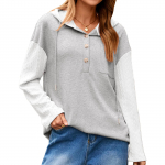 Women's solid color hooded drawstring button casual pullover top sweatshirt XL