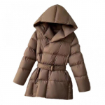 Žieminės moteri&scaron;kos pūkų striukės su gobtuvu, &scaron;iltas kasdienis rai&scaron;teliais sujuosiamas paltas, pūkinė striukė su diržu, eleganti&scaron;ka parka, paltas XS kava