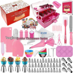 368 dalių torto dekoravimo rinkinys: Konditeriniai antgaliai, mai&scaron;eliai, prijuostė ir grandiklis. pink