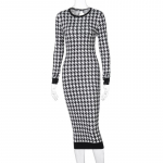 Moteri&scaron;ka Houndstooth Print Moteri&scaron;ka suknelė ilgomis rankovėmis Midi Suknelė su dygliu, seksuali gatvės apranga rudens žiemos klubas Elegant Slim S juoda
