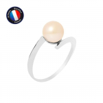 PERLINEA - Bague V&eacute;ritable Perle de Culture d'Eau Douce Ronde 7-8 mm - Colori Rose Naturel - Or Blanc - Bijou Femme
