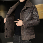 Žieminė vyri&scaron;ka kailinė vienos dalies striukė su ėriuko vilna, reversinė atlapų striukė, prigludęs vir&scaron;us M