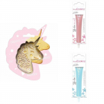 Kit pour biscuit en relief Licorne + 2 Stylos au chocolat rose pastel et bleu pastel