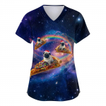 Women's V-neck Christmas printed short-sleeved pocket side-slit protective suit top M