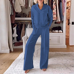 Laisvalaikio moteri&scaron;kos V formos i&scaron;kirptės ilgomis rankovėmis laisvos vir&scaron;utinės plačios kelnės, dviejų dalių rinkinys S mėlyna