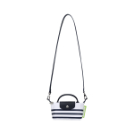 Longchamp Le Pliage 17 Dryžuotas Užsegamas Užtrauktuku Trumpa Rankena Drobės Koldūno Formos Petinis Crossbody Tote Krep&scaron;ys Moteri&scaron;ki krep&scaron;iai Tamsiai Mėlynas Baltas 34205HDF165 Marine Blue & White