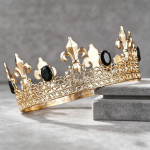 Vyri&scaron;ka auksinė lelija su kristalais karūna - Senovinė karali&scaron;ka filigraninė tiara jaunikio vestuvėms, i&scaron;leistuvėms, cosplay, Helovinui, gimtadienio &scaron;ventei juoda