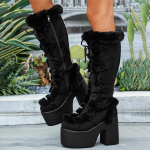 Moteri&scaron;ki žiemos sniego batai Gothic Lolita Platforminiai Auk&scaron;takulniai Suede Batai Plush &Scaron;ilti Ilgi iki kelių Batai Dydis 36-43 39EU/CN40 juoda