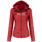 Moteri&scaron;ka dirbtinės odos striukė su nuimamu gobtuvu Motocross Racer Biker Double Zip Slim PU Motociklo trumpas Moto paltas Classic Bomber Vir&scaron;utiniai drabužiai S-4XL XL raudona