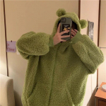 Harajuku Kawaii Užtrauktuku Hoodie Moteri&scaron;kas megztinis Japoni&scaron;kas Varlė Storas Per didelis ėriukų vilnos paltai Madingi &Scaron;ilti žieminiai drabužiai XXL žalia