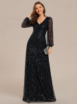 &bdquo;Ever-Pretty&ldquo; moteri&scaron;ka eleganti&scaron;ka V formos kaklo žibintuvėlis ilgomis rankovėmis su blizgučiais svečio suknelė A formos vakarinė suknelė XL juoda