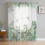 Akvarelės augalų lapai Kolibris Žalia Permatomas langų Užuolaidos Tiulio užuolaidos svetainei Miegamojo namų dekoras Voile užuolaidos 135W x 114H(cm)