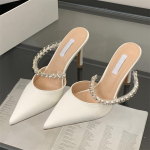 Eilyken Nauji Kristaliniai Deimantiniai Mules &Scaron;lepetės Moteri&scaron;ki Eleganti&scaron;ki Smailūs Pir&scaron;tai Ploni Auk&scaron;ti Kulniukai Suknelės Moteri&scaron;ki Batai 35 balta